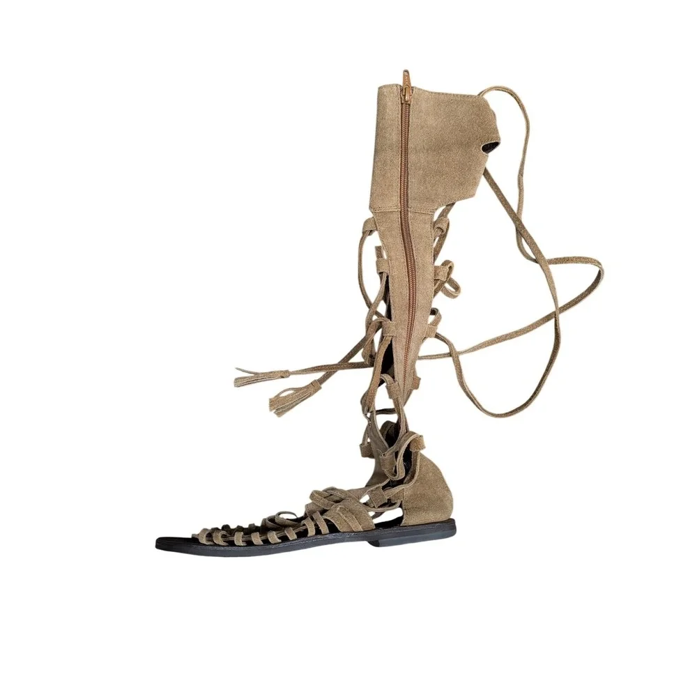 Free People Sun Seeker Tall Gladiator Sandals Tan Suede Lace Up Tassel Boho- 8.5